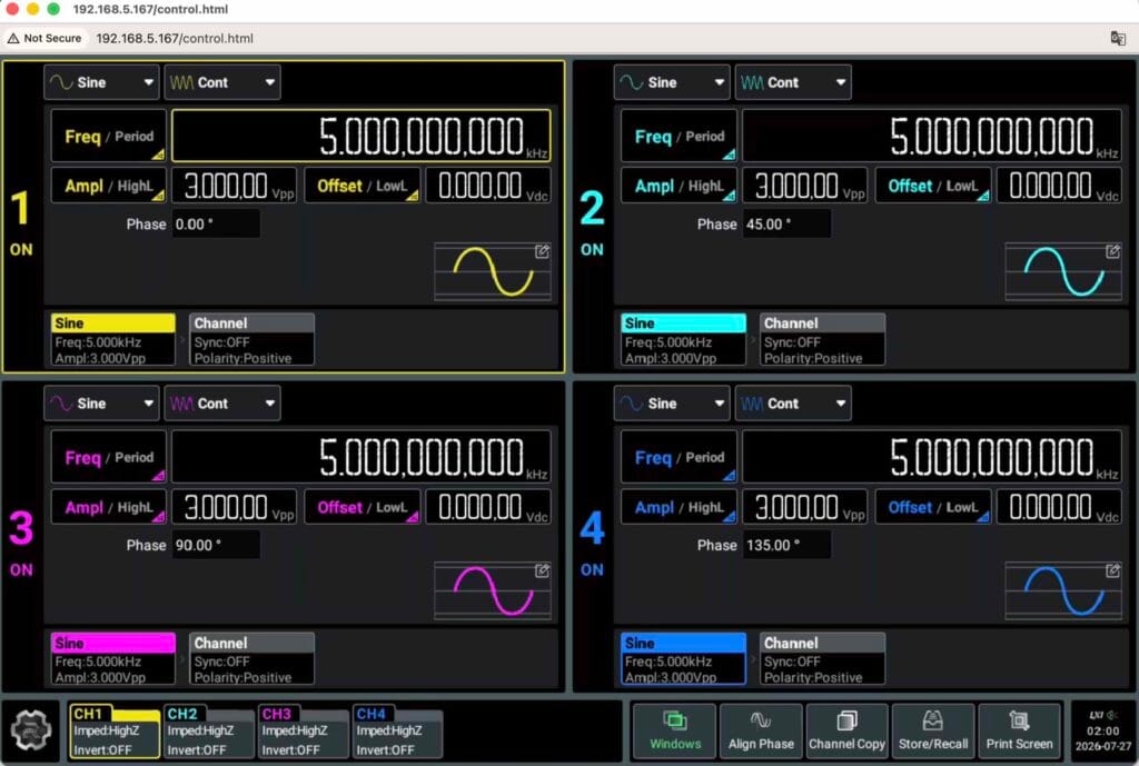 Rigol DG5254 Pro display showing four 5 kHz sine-wave channels at 0, 45, 90, and 135 degrees
