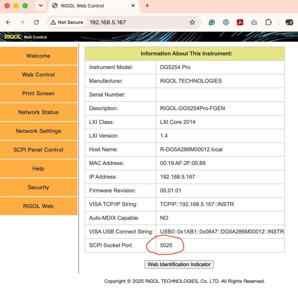 Rigol DG5254 Pro web Welcome page showing SCPI socket port 5025
