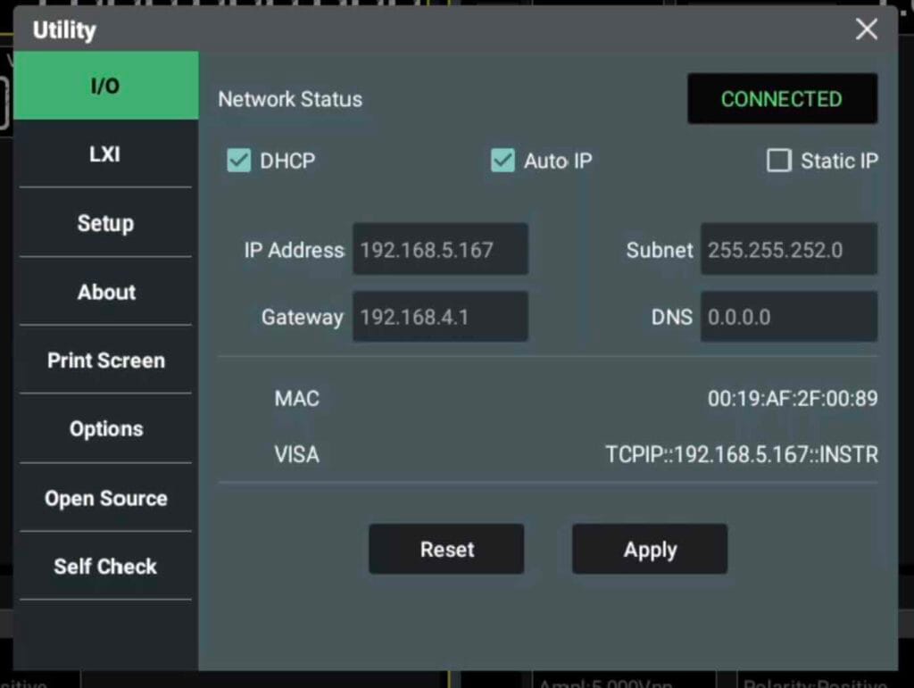 Rigol DG5254 Pro Utility I/O screen showing its assigned IP address