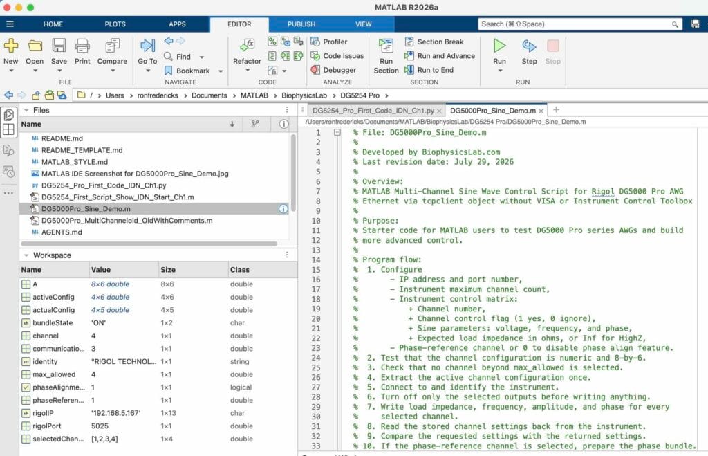 MATLAB editor displaying the DG5000 Pro multichannel sine-wave demonstration