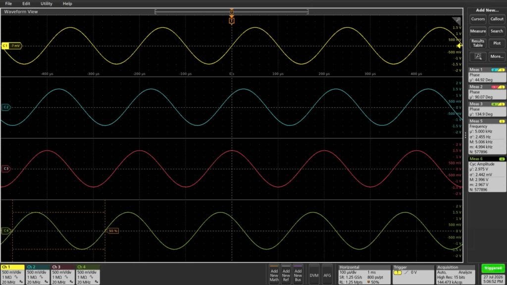 Tektronix MSO64B displaying four sine waves with phase, frequency, and amplitude measurements