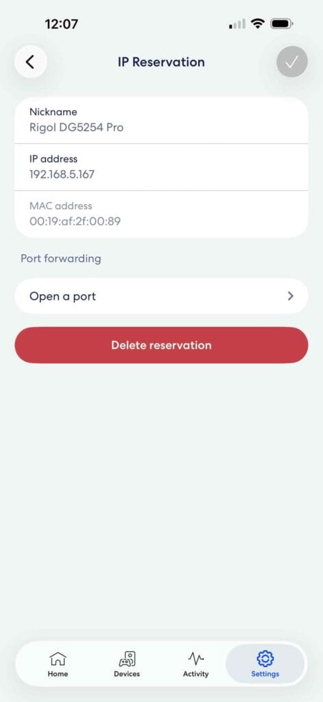 eero router DHCP reservation for the Rigol DG5254 Pro