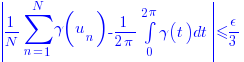 delim{|}{{1/N} sum{n=1}{N}{gamma(u_n)} - 1/{2 pi} int{0}{2 pi}{gamma(t) dt}}{|} le epsilon/3